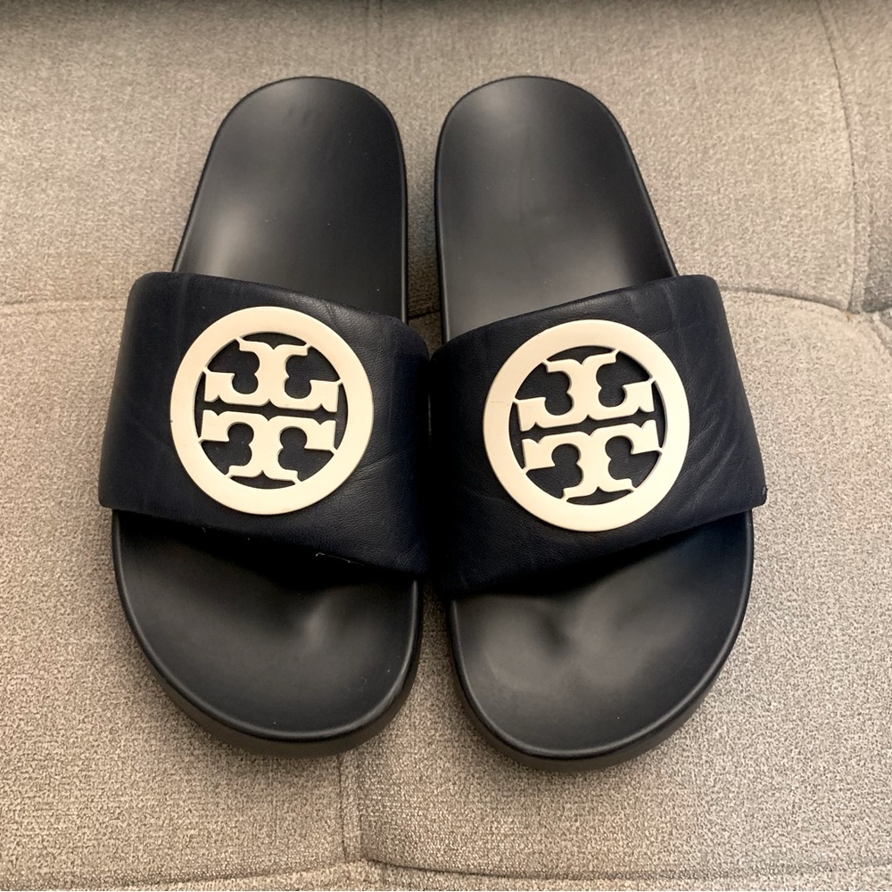 Tory Burch Lina Logo Navy Slides size 8